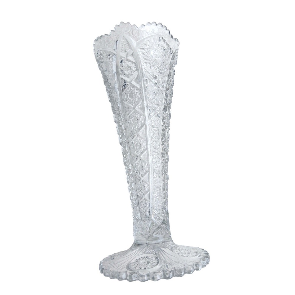Crystal Trumpet Vase Centerpiece Wedding Decor 8" Daisy and Button Pattern Retro